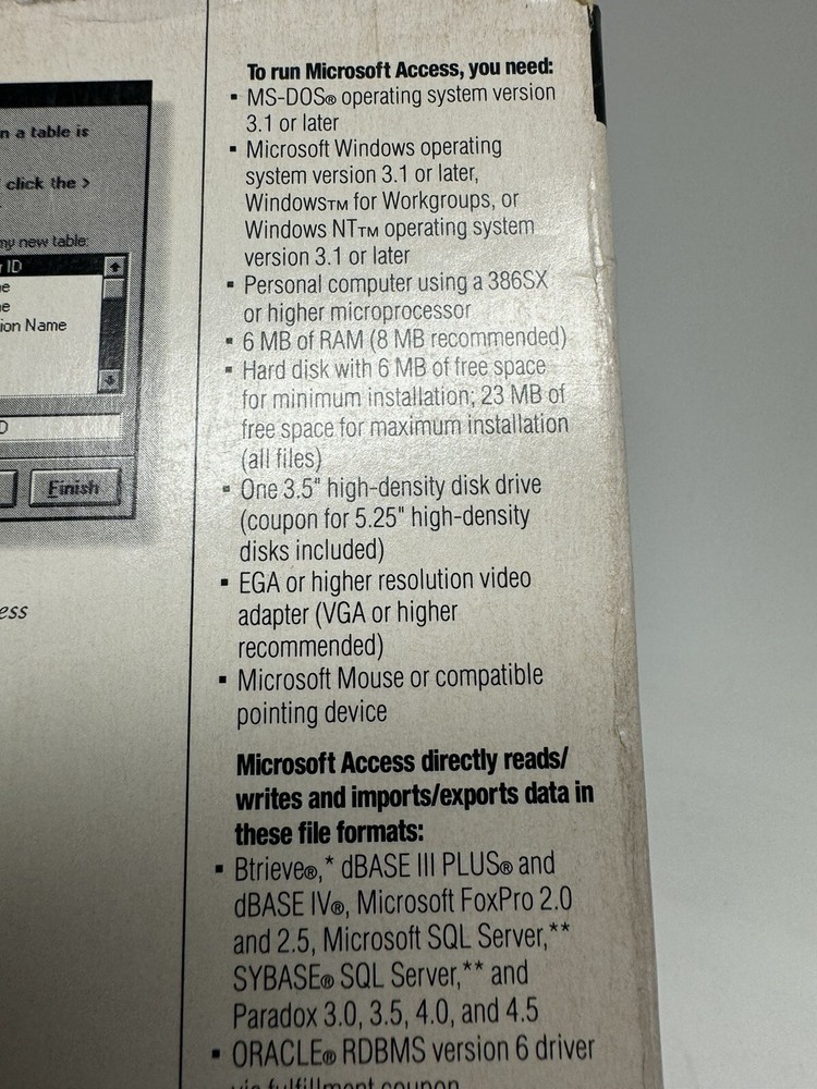 VINTAGE 1994 NOS Microsoft Office Access Version 2.0 Database Management System