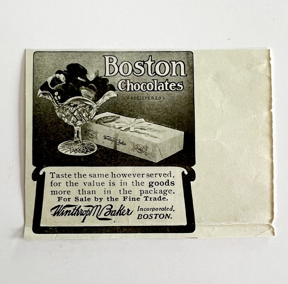 1906 Boston Chocolates Winthrop Baker Advertisement Candy Ephemera 3.25 x 2.5"