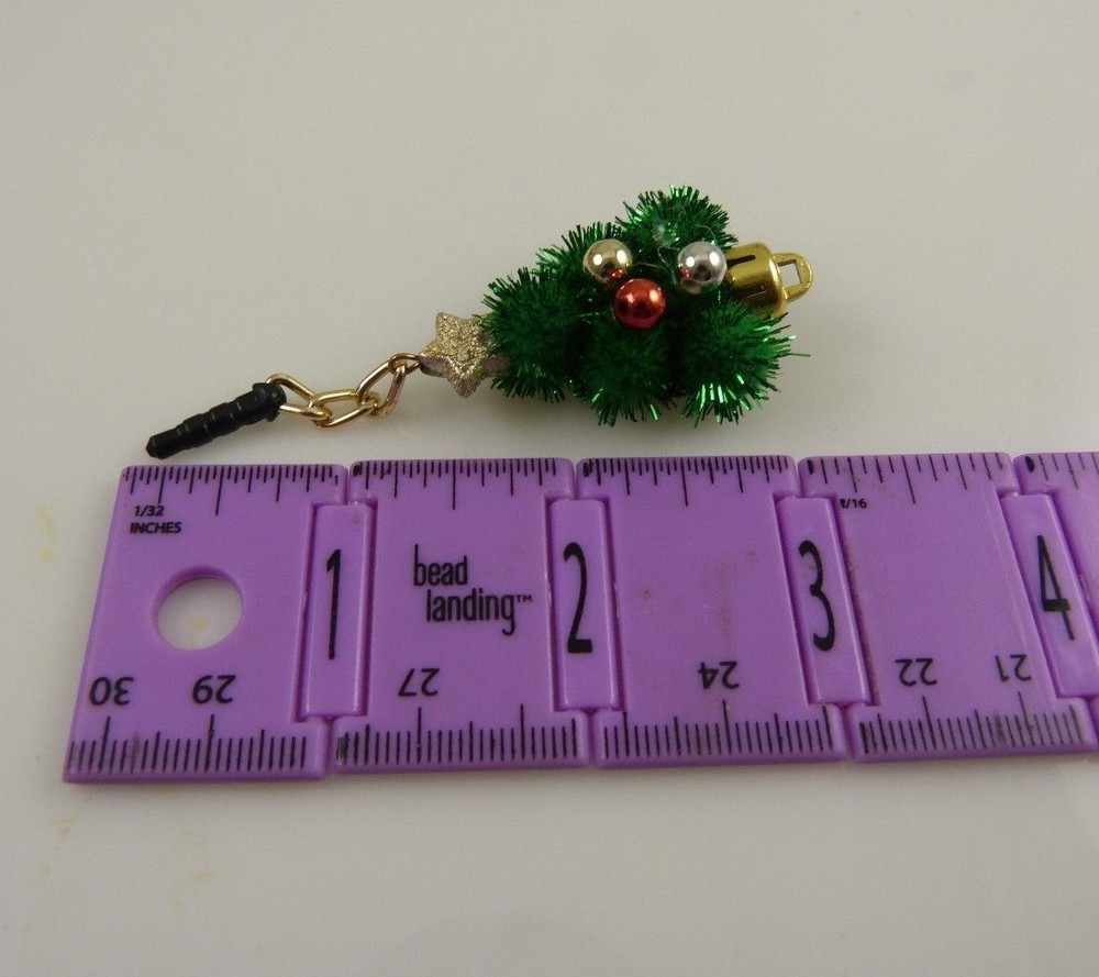 fuzzy green Christmas tree cell phone charm ear cap dust plug