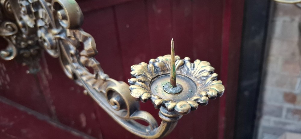 Victorian pair brass ornate scrolled wall candle sconces