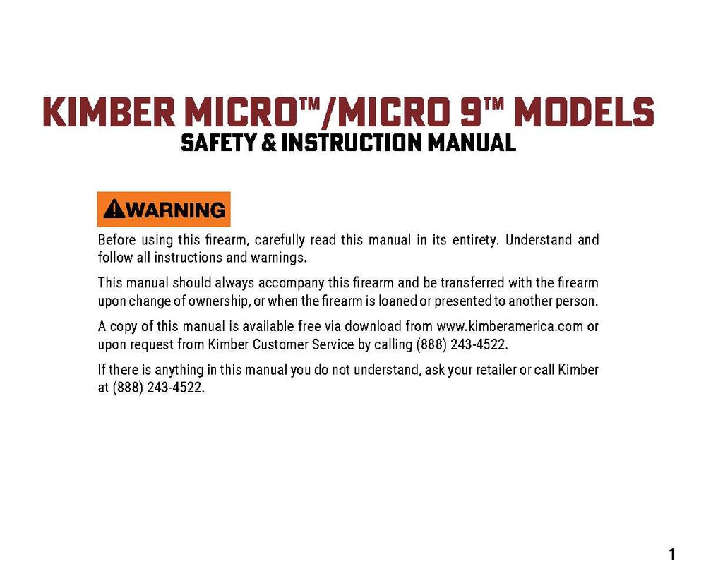 Kimber Micro / Micro 9 Model Manual -NEW Comb Bound Color Copy
