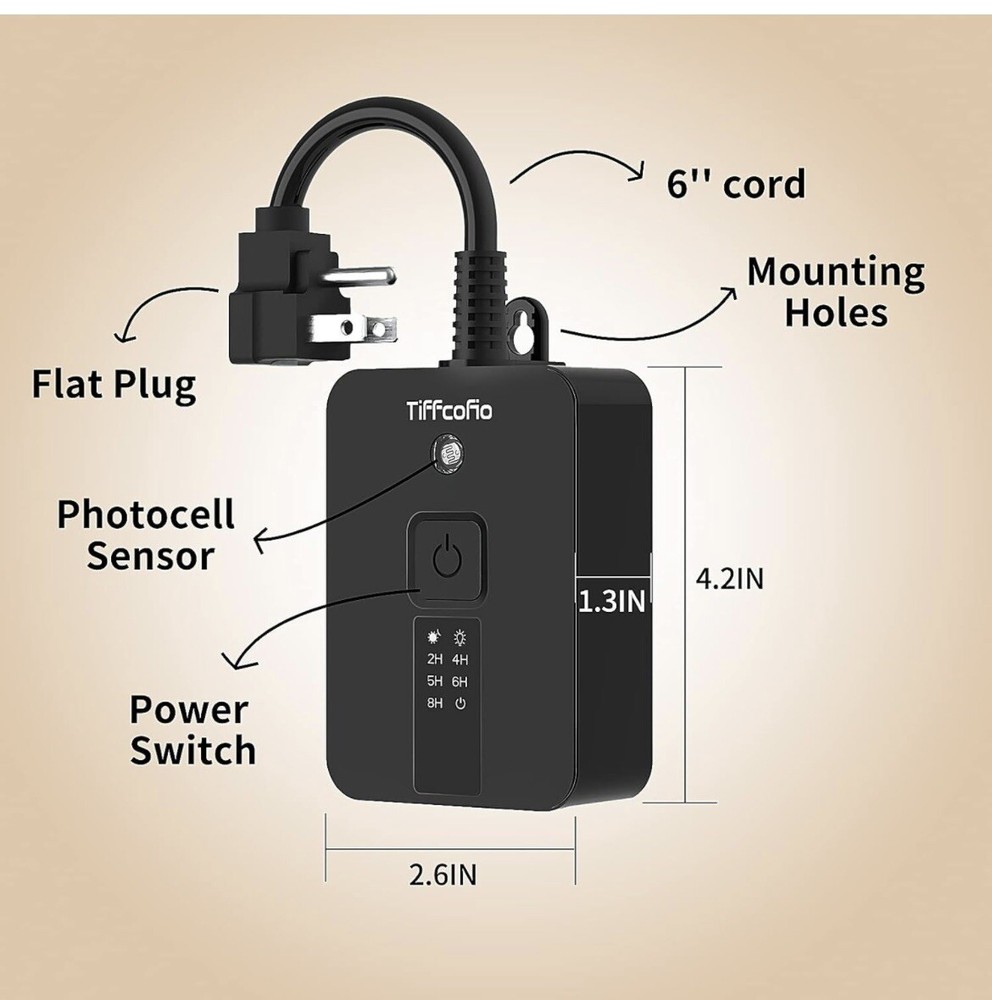 Outdoor Light Sensor Timer Outlet, 100ft Range Remote Control, Weatherproof