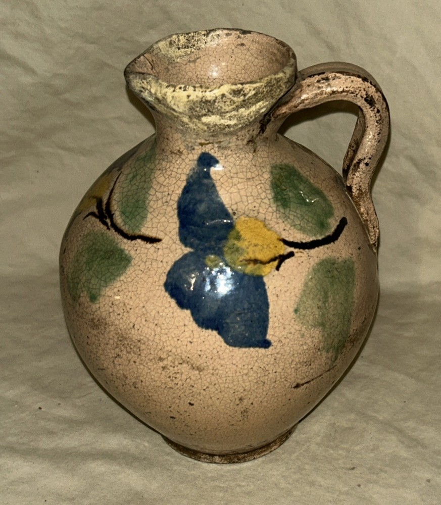 Vintage Art Pottery Pitcher 8” With Handle Not Signed