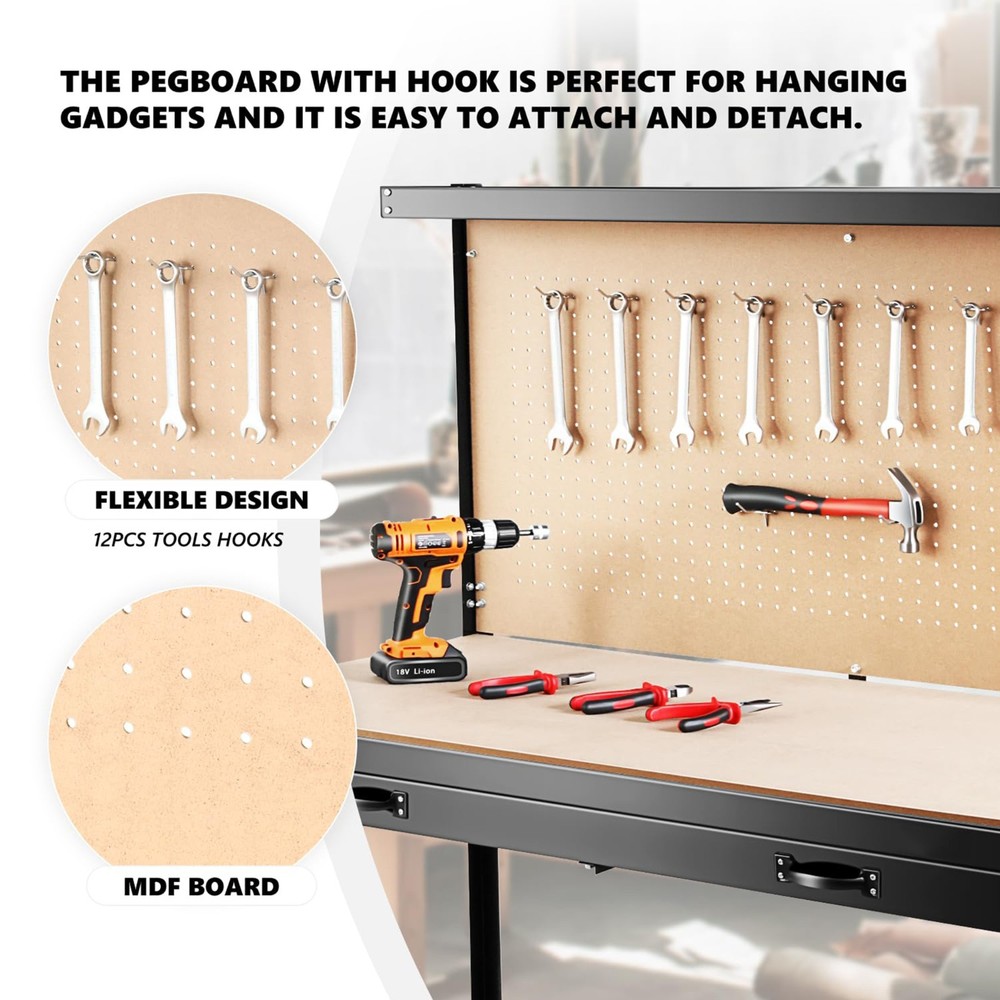 63" Tools Cabinet Working Tables Workbench with Drawers and Pegboard