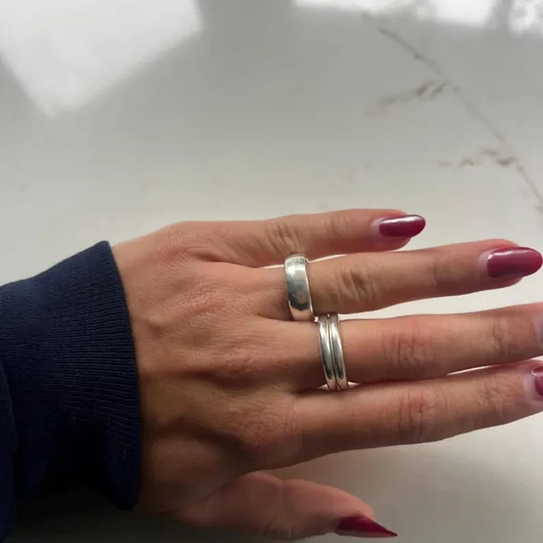 Handmade 925  Sterling Silver Dome Ring Set: Solid 925 Silver Bands