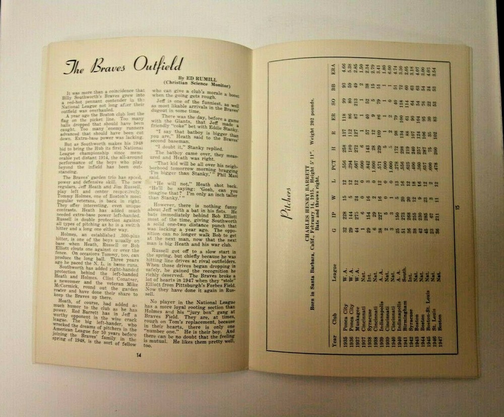 1946 BOSTON BRAVES PLAYER ROSTER MLB BASEBALL RARE