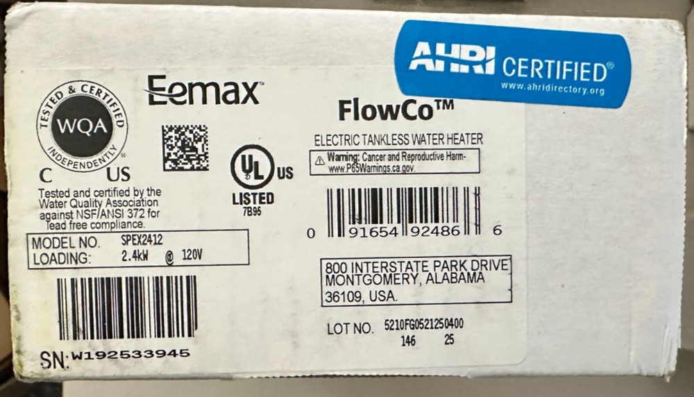 Eemax SPEX2412 FlowCo Electric Tankless Water Heater - NEW