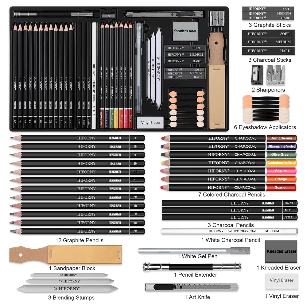 46 PCS Sketching Drawing Pencil Set, Colored Charcoal, Graphite, Blending Tool