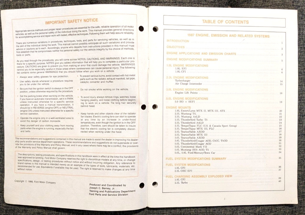 1987 FORD ENGINE, EMISSION AND RELATED SYSTEMS CAR MANUAL