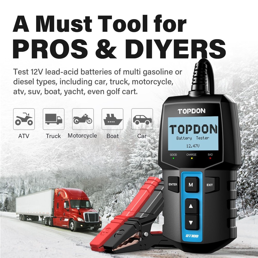 TOPDON BT100 12V Digital Battery Load Tester & Charging System Analyzer