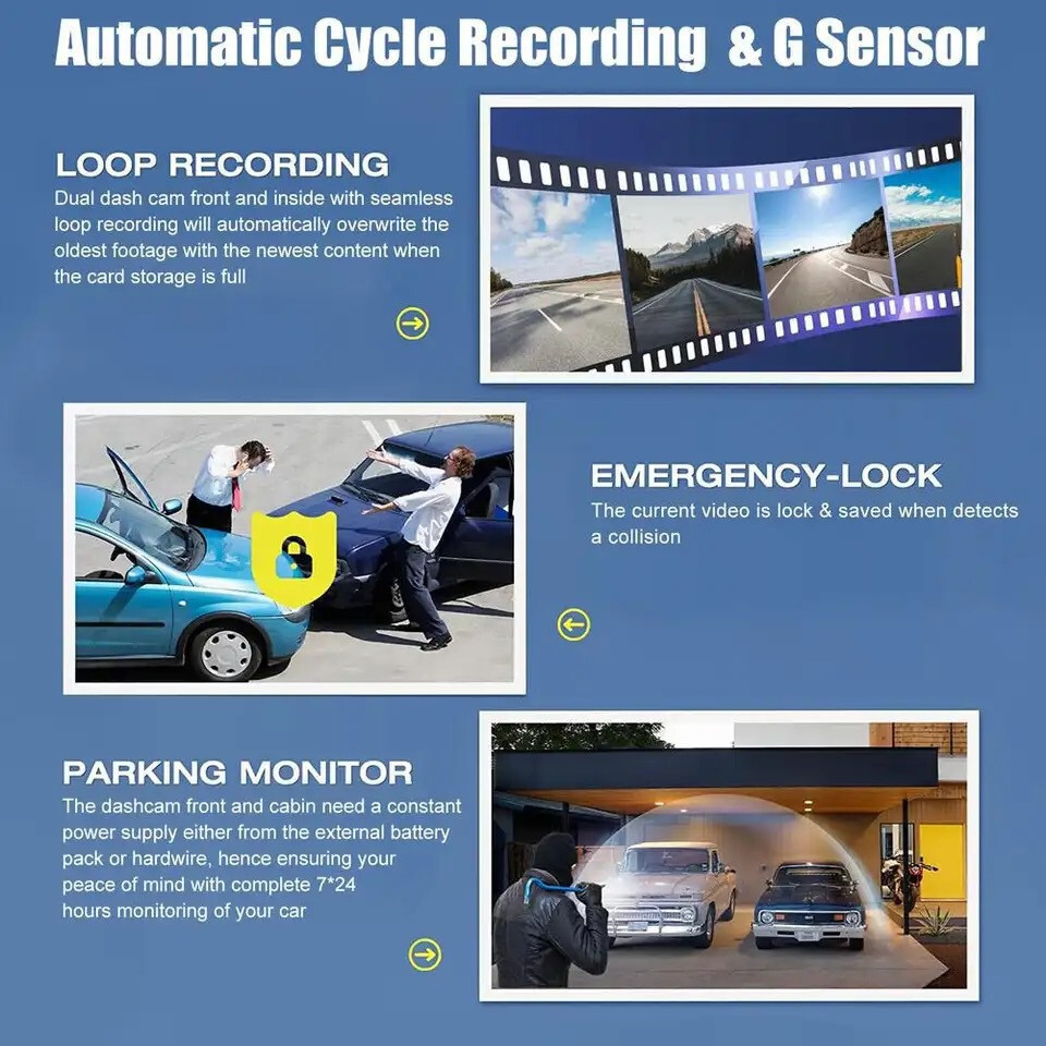 Dash Camera Car FHD Front Inside Rear Dashcam Touch Screen DVR Video Recorder