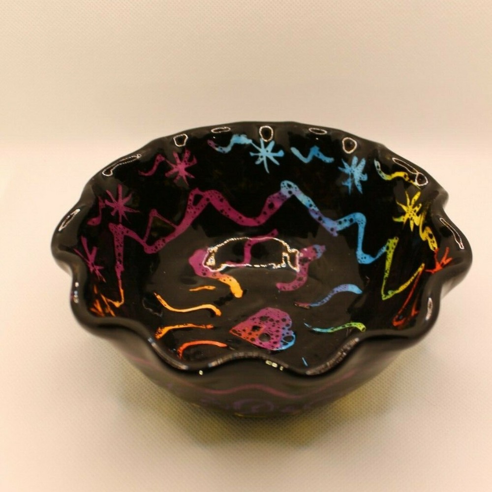 Studio Art Pottery Scratch Art Theme Black & Rainbow Scalloped Bowl Signed 5.5"