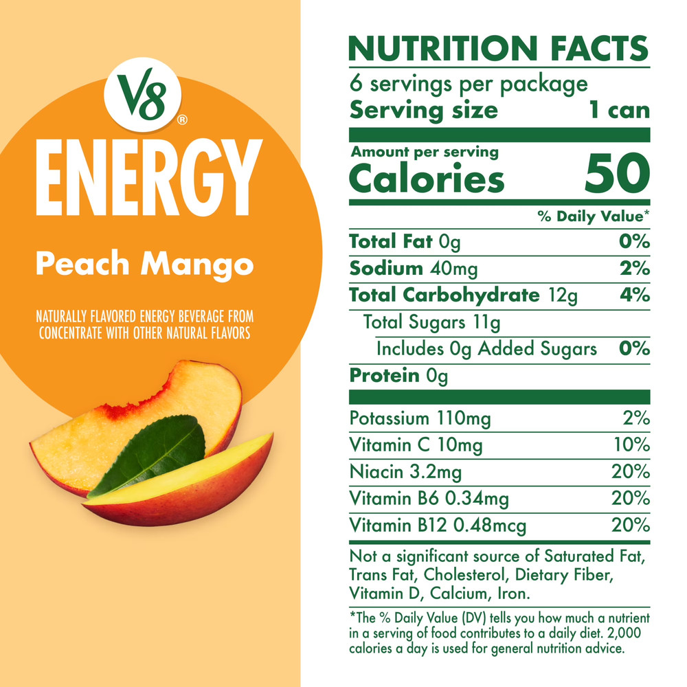 (4 Pack) V8 Energy Peach Mango Energy Drink, 8 Fl Oz Can, 24 Pack