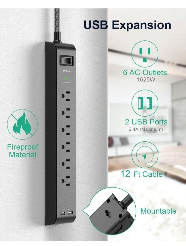 Mifaso 12Ft Power Surge Protector 2 Pack NEW