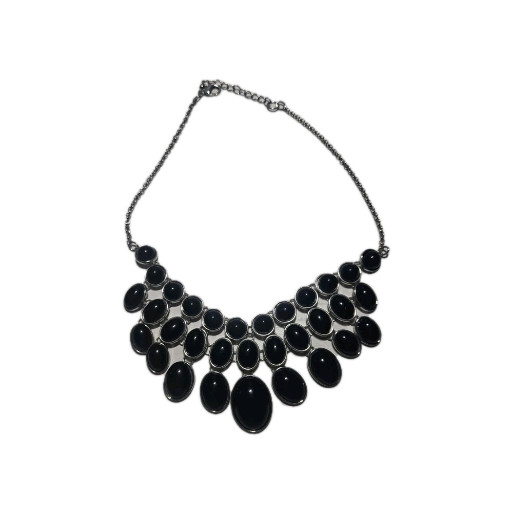 Silvertone Black Bead Layered Bib Scoop Necklace 19"