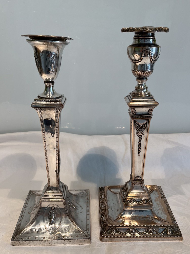 2 Early 19thc Antique Silver Plated Classical Themed Candlesticks