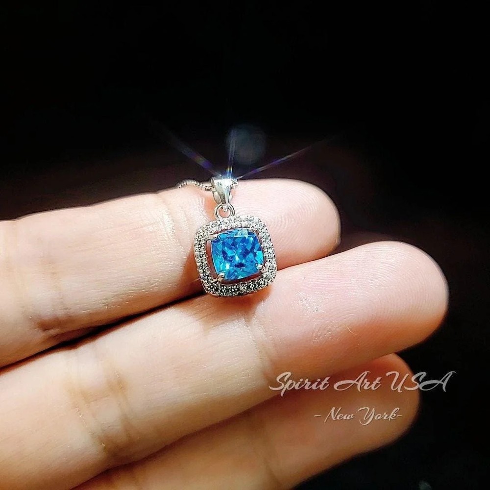 Minimalist Blue Topaz Necklace Sterling Silver Tiny Halo Square Solitaire Tiny