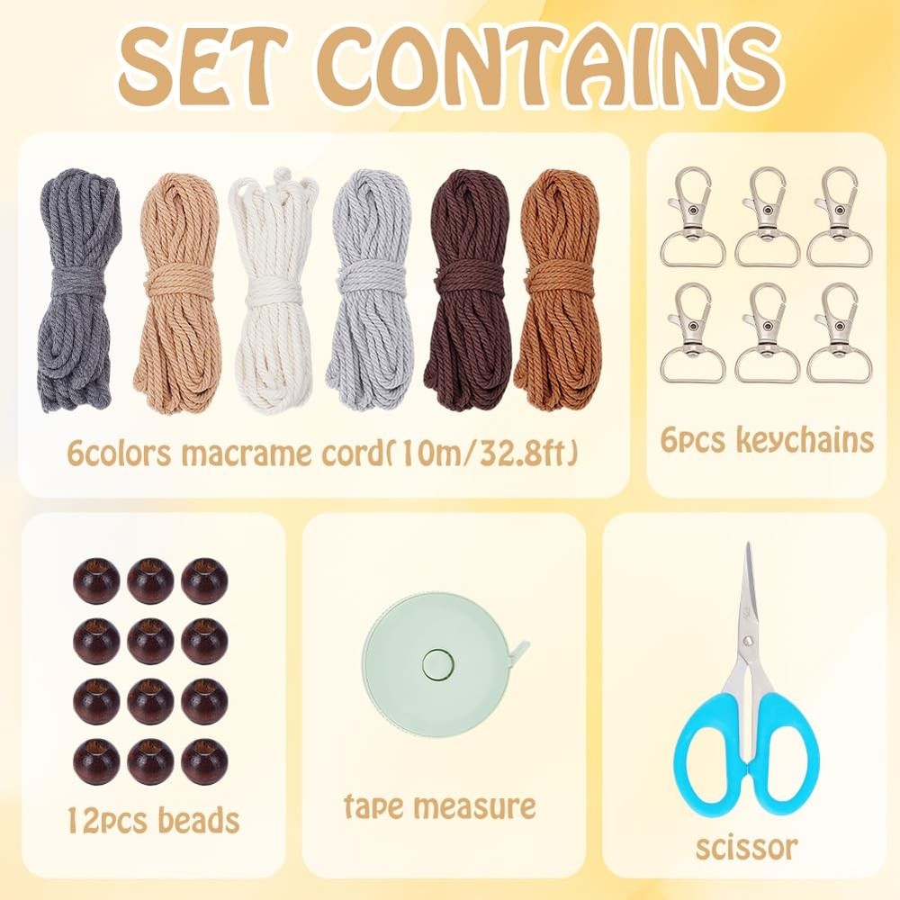 6PCS Owl Macrame Keychain Kit for Adults Beginners Owl Boho Macrame Keychain ...