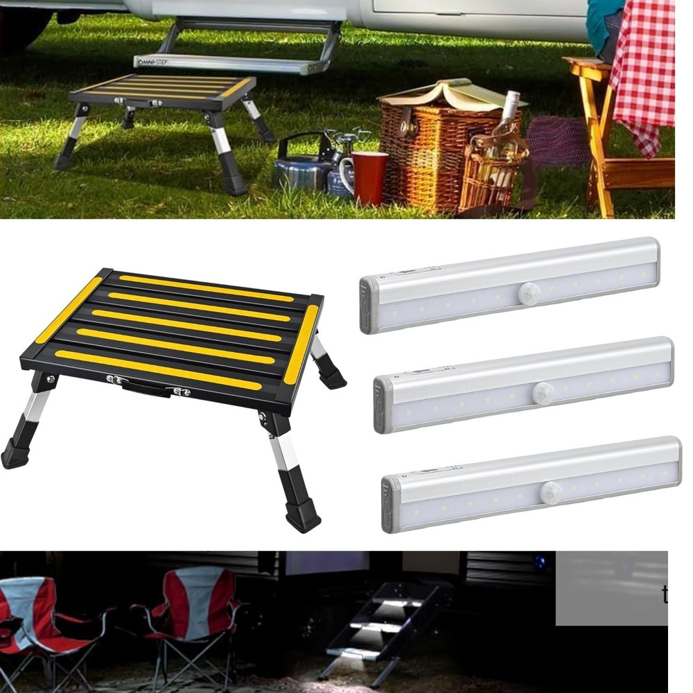 Nilight RV Folding Step Stool 500LB Aluminum Platform w/ Motion Sensor LED Light