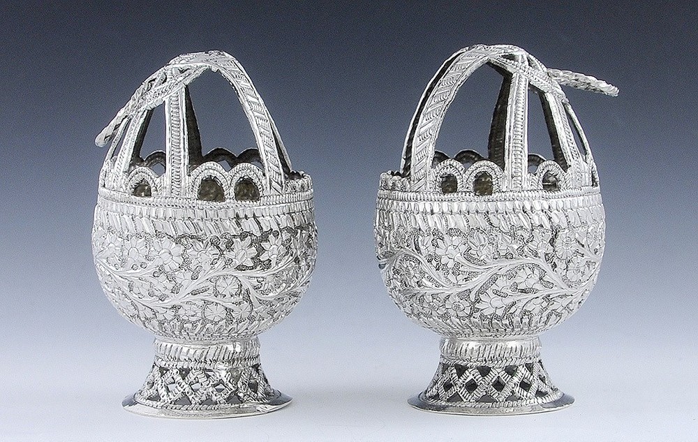 Great Antique Pair Silver Openwork Egg-Form Baskets - India? c1870s