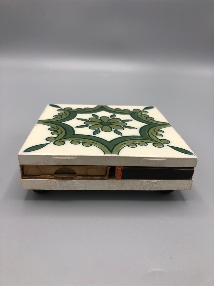 Ceramic Tile Quad Matchbox Holder & Coaster Art Hand Pattern Original Vintage