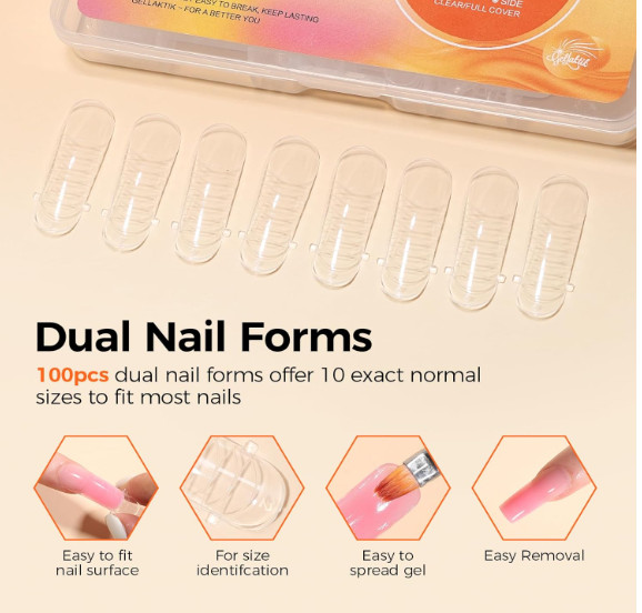 100Pcs Nail Forms Kit, 10 Sizes Reusable Dual Nail Forms for Poly Gel & Builder