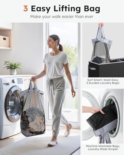 Laundry Hamper 3 Section, Extra Large Laundry Hamper with Lid, 180L Black