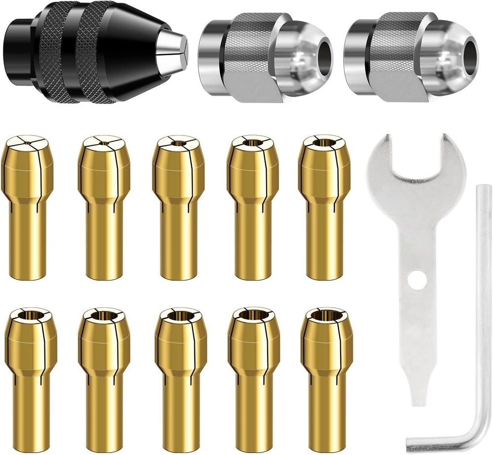 15PCS Dremel Chuck Collet Kit - Keyless Quick Change & Brass Nut Set