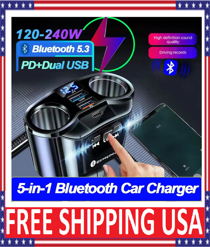 2-Way Car Cigarette Lighter Socket Splitter, 5 in 1 Power Adapter, Quick Charge