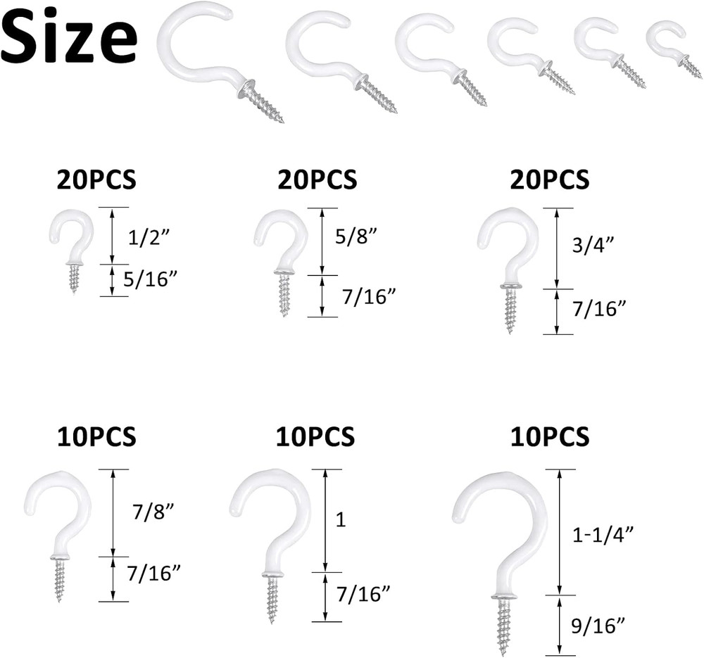 90 Pcs White Ceiling Hooks Kit, 6 Sizes for Hanging Plants and Cups