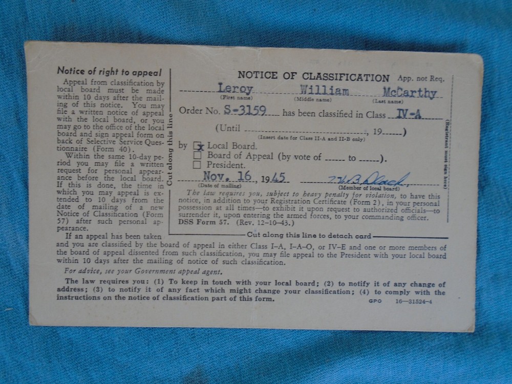 US ARMY November 1945, Selective Service Notice of Classification