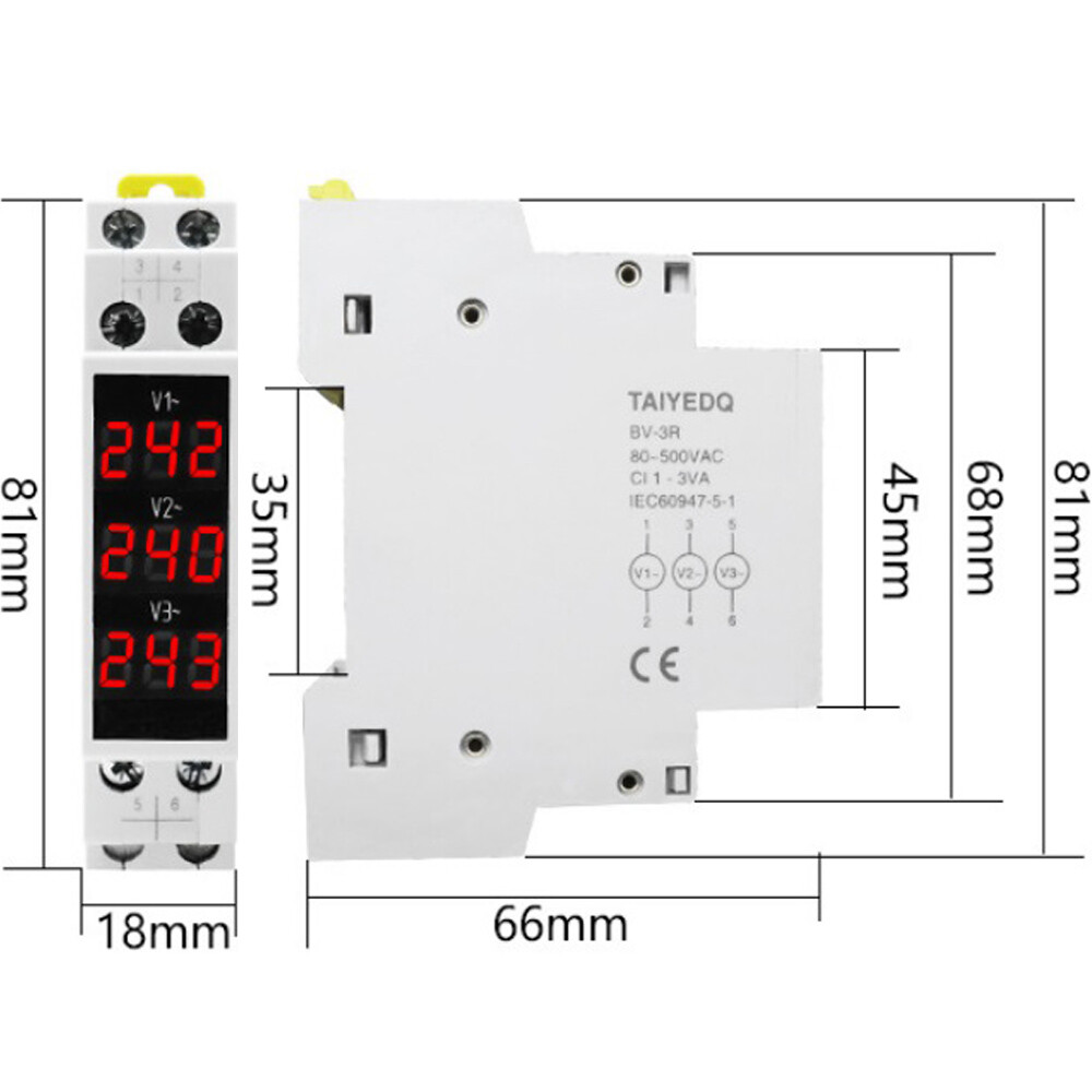 Three-Display Voltmeter Din Rail Three Phase Modular Voltage Meter AC80-500V
