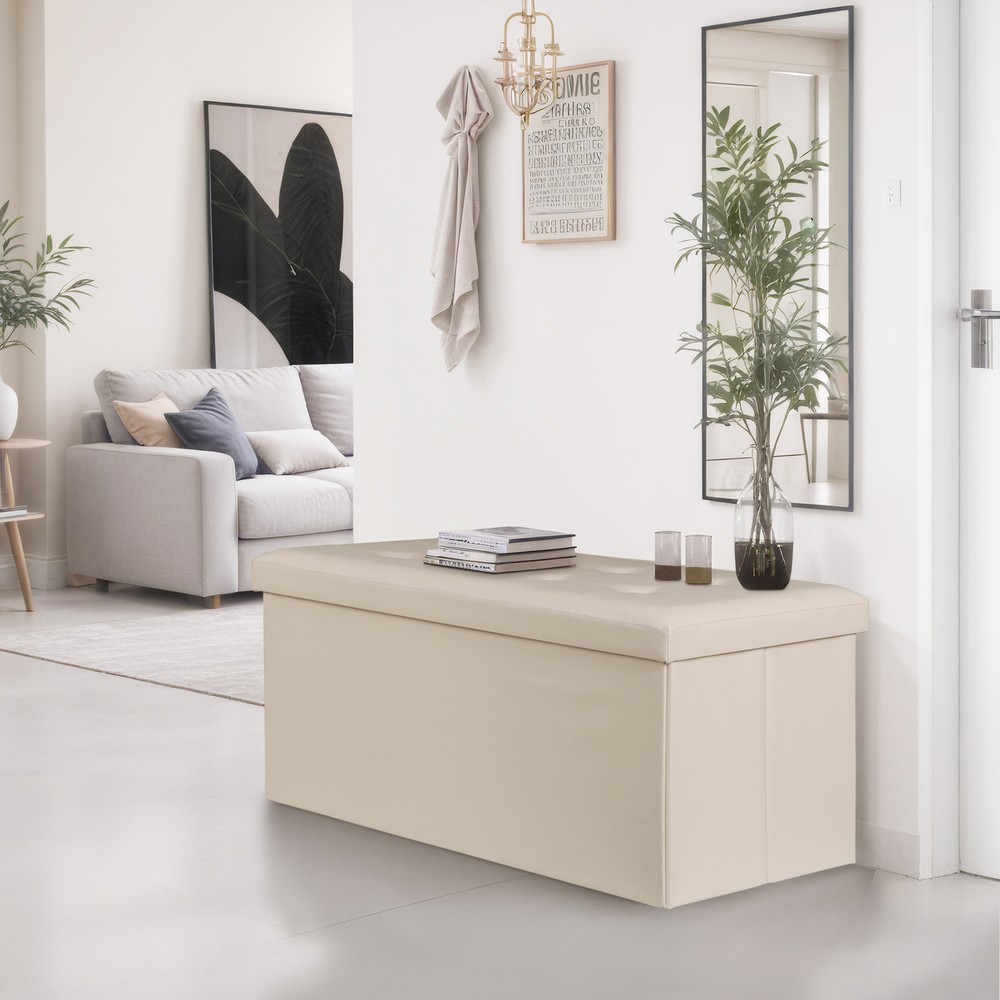 Beige Folding Storage Ottoman Bench Storage Stools Footrest for Home Storage Use