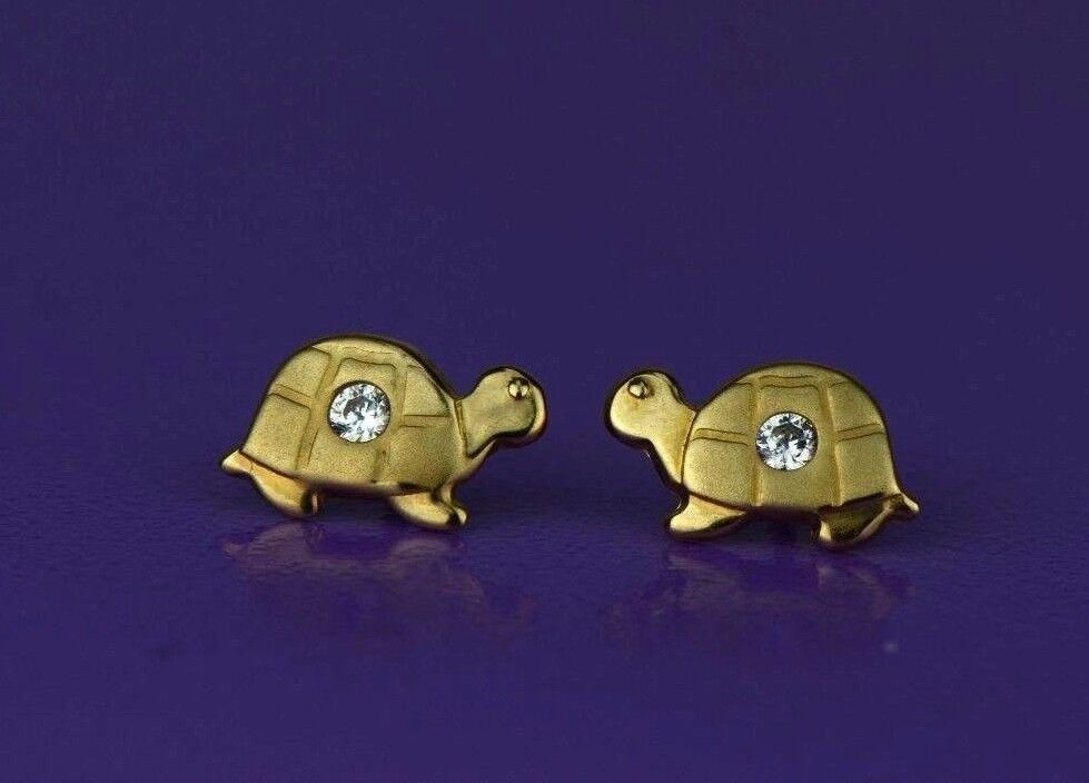 14k Yellow Gold CZ Turtle Stud Earrings