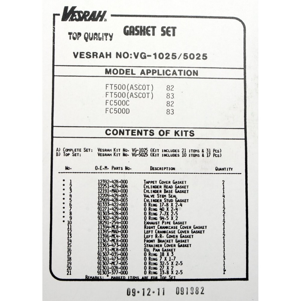 Vesrah Complete Gasket Set - VG1025