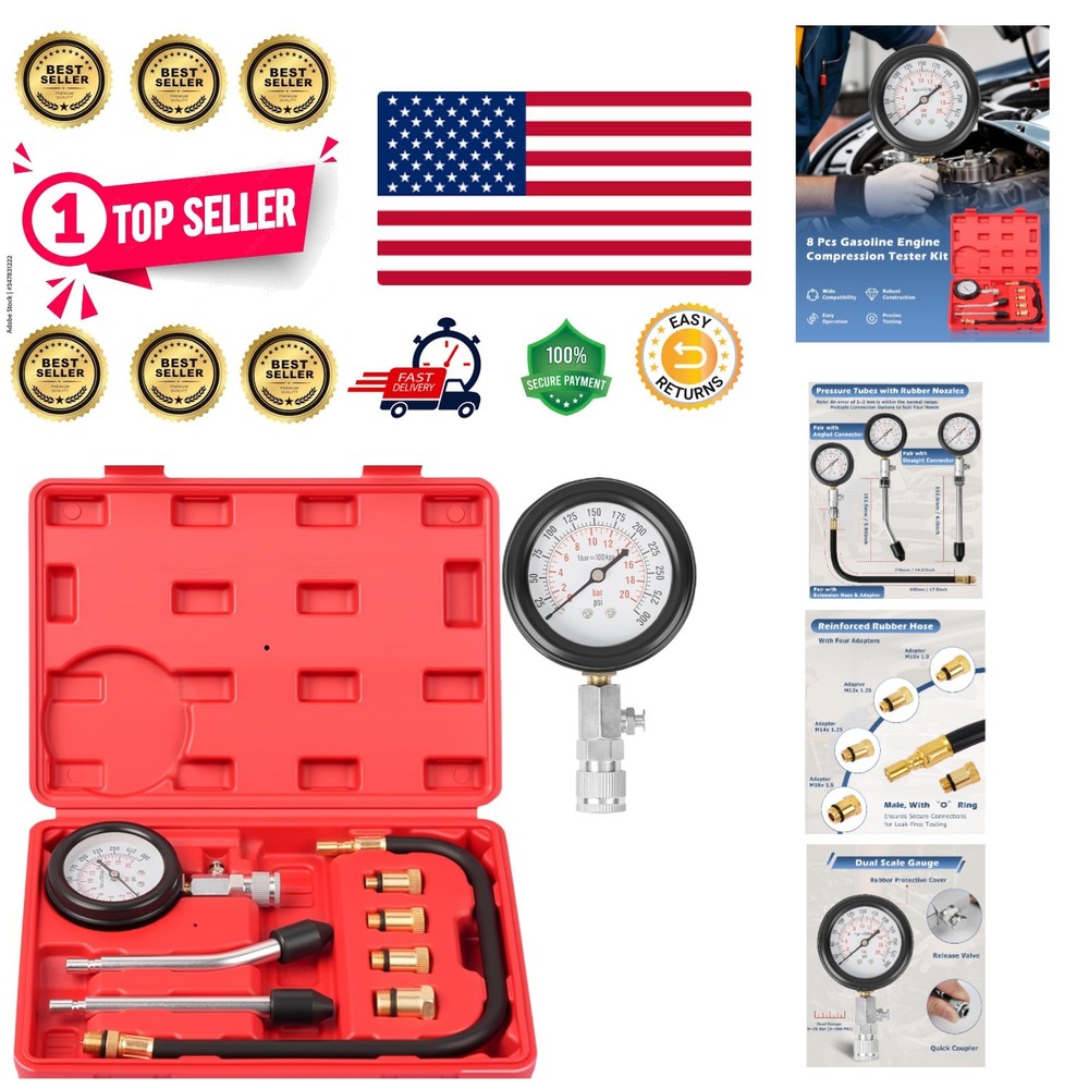 Durable 8-Piece Petrol Engine Compression Tester Kit - Precise Diagnostic Tool