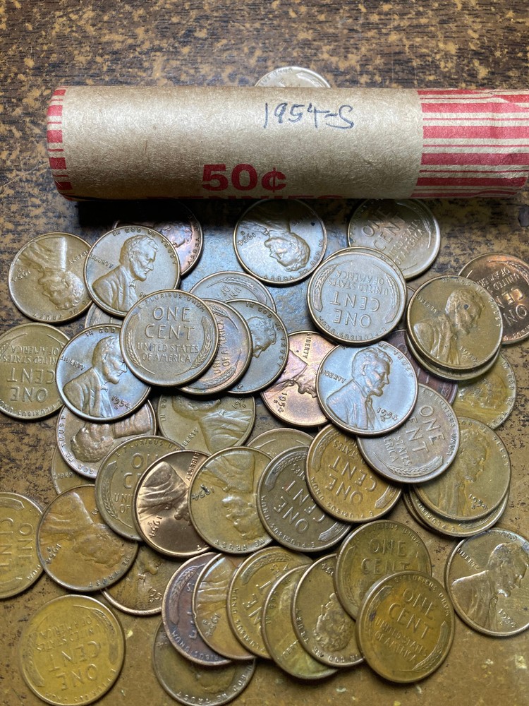 1954-S LINCOLN WHEAT CENT ROLL, nice condition!