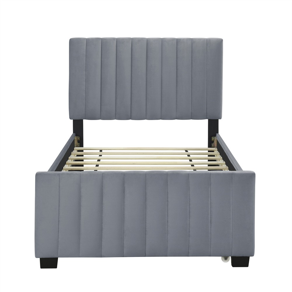 Twin Size Bed Frame Velvet Upholstered Platform Bed w/ Pull Out Trundle Gray