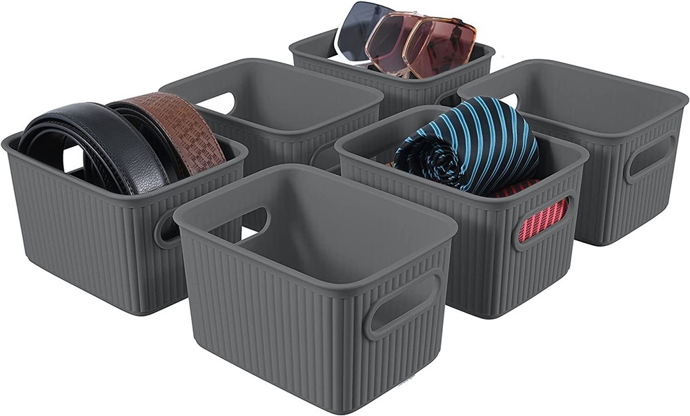 Superio 1.5 L Mini Ribbed Storage Bin- Plastic Storage Basket (Grey, 6 Pack)