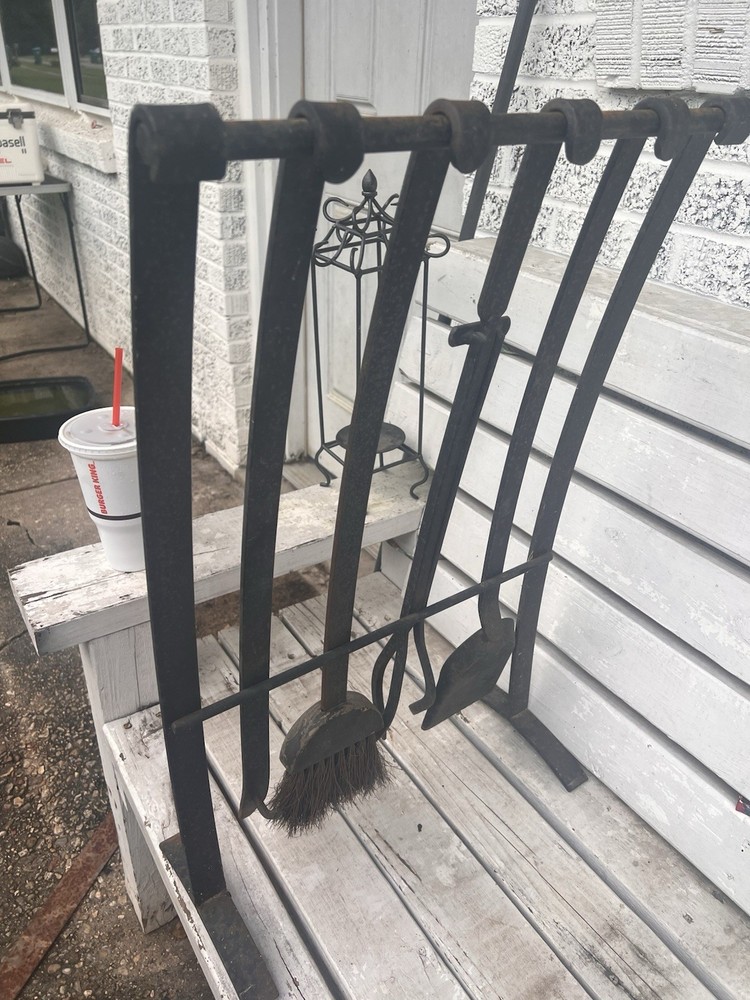 Primitive Style Distressed Iron Fireplace Tools & Rack 5pc Western Rustic