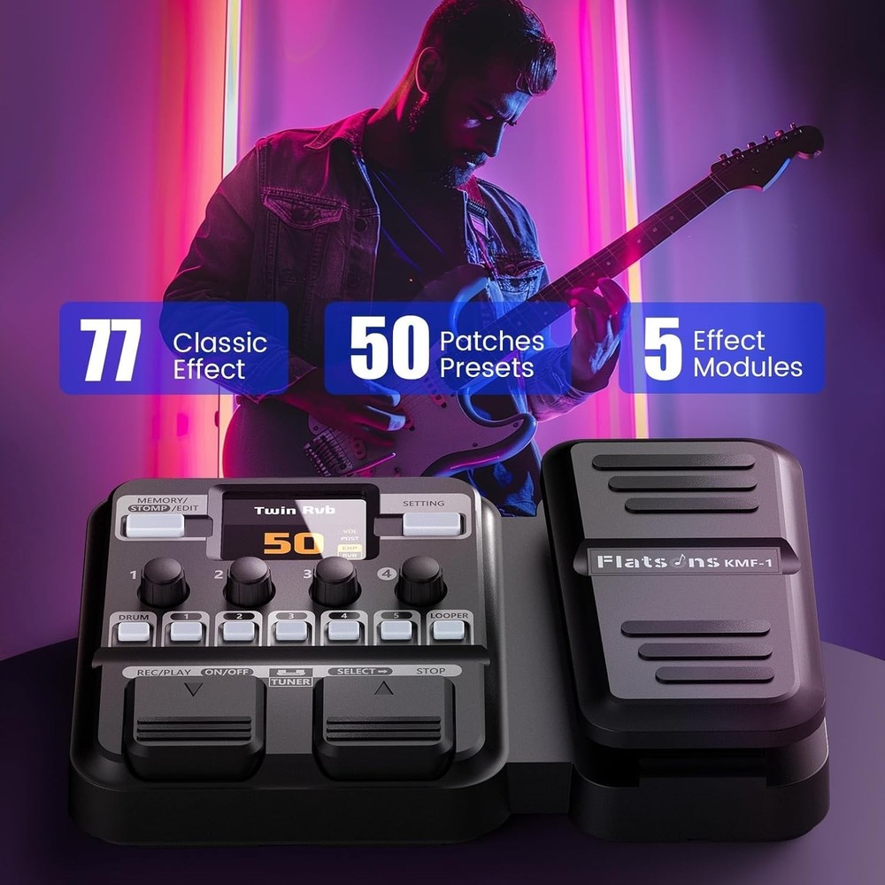 Dynamic 77 Effect Guitar Pedal with Expression Wah & User-Friendly Design, Black