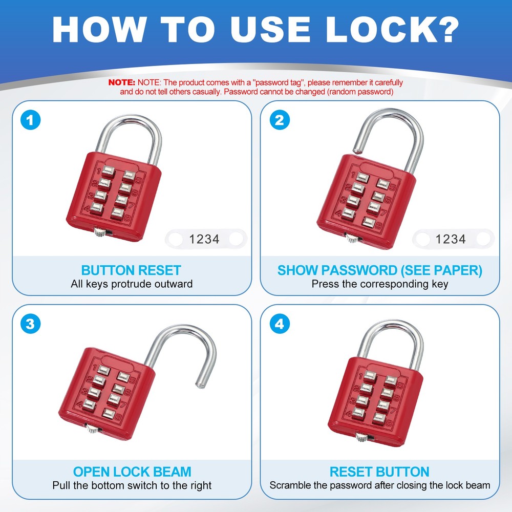 3Pcs Push Button Combination Padlock 8-Digit 4-Position Lock Red