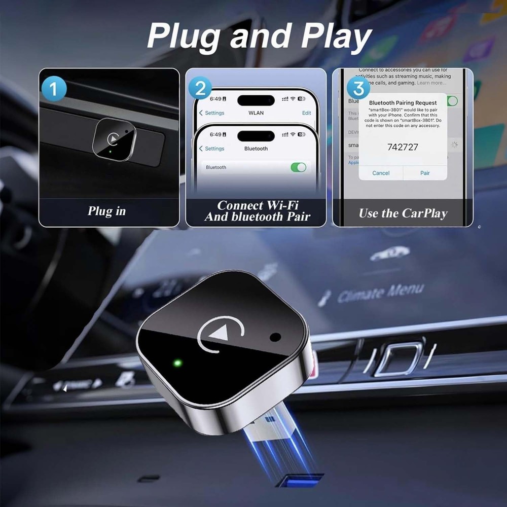 Wireless CarPlay Adapter for Apple iPhone & Android Auto USB Adapter Plug & Play