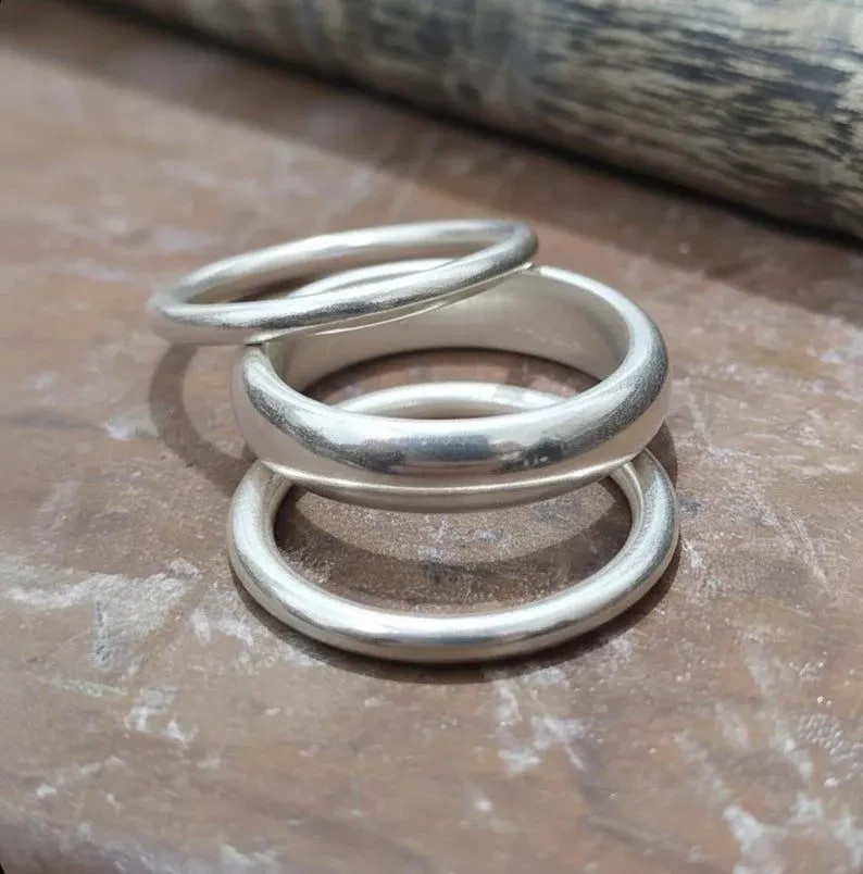 Handmade 925 Sterling Silver Dome Ring Set: Solid 925 Silver Bands