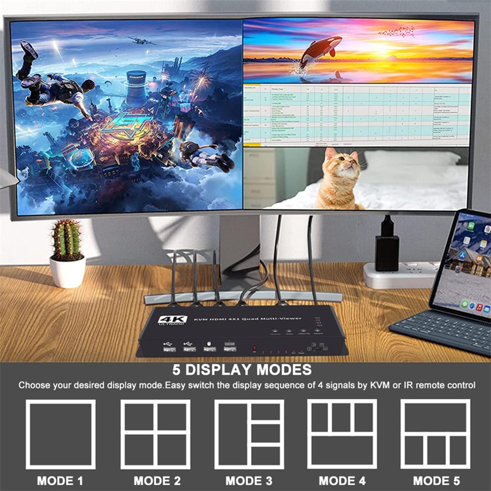 Hotkey 4K 4x1 KVM HDMI Quad Multi-Viewer Display Switch Vedio Wall Controller b