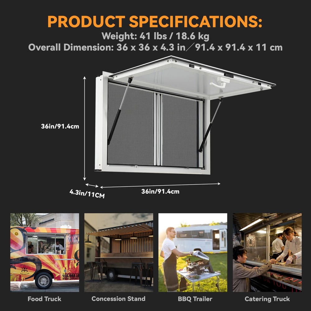36"/48" Concession Window Aluminum Alloy Serving Food Trucks W/ Sliding Screen