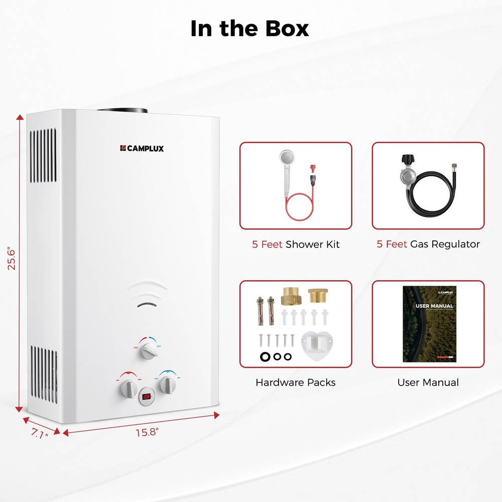 16L Outdoor Propane Tankless Water Heater Camplux for Cabin,Off-grid,Tiny House