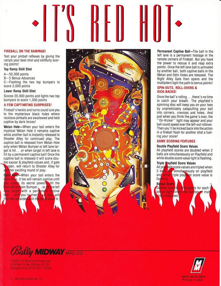 Fireball Classic Bally Pinball Flyer Mint / Brochure