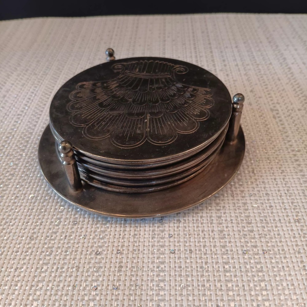VTG Regal Quality Silver Plated Shell Pattern Set 6 Coasters Stand Inclu.