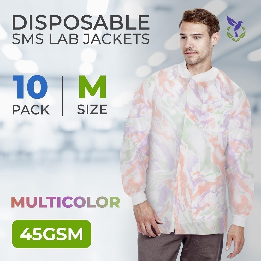 Multicolor Disposable Lab Jackets Medium SMS Snap Front 10 Pack